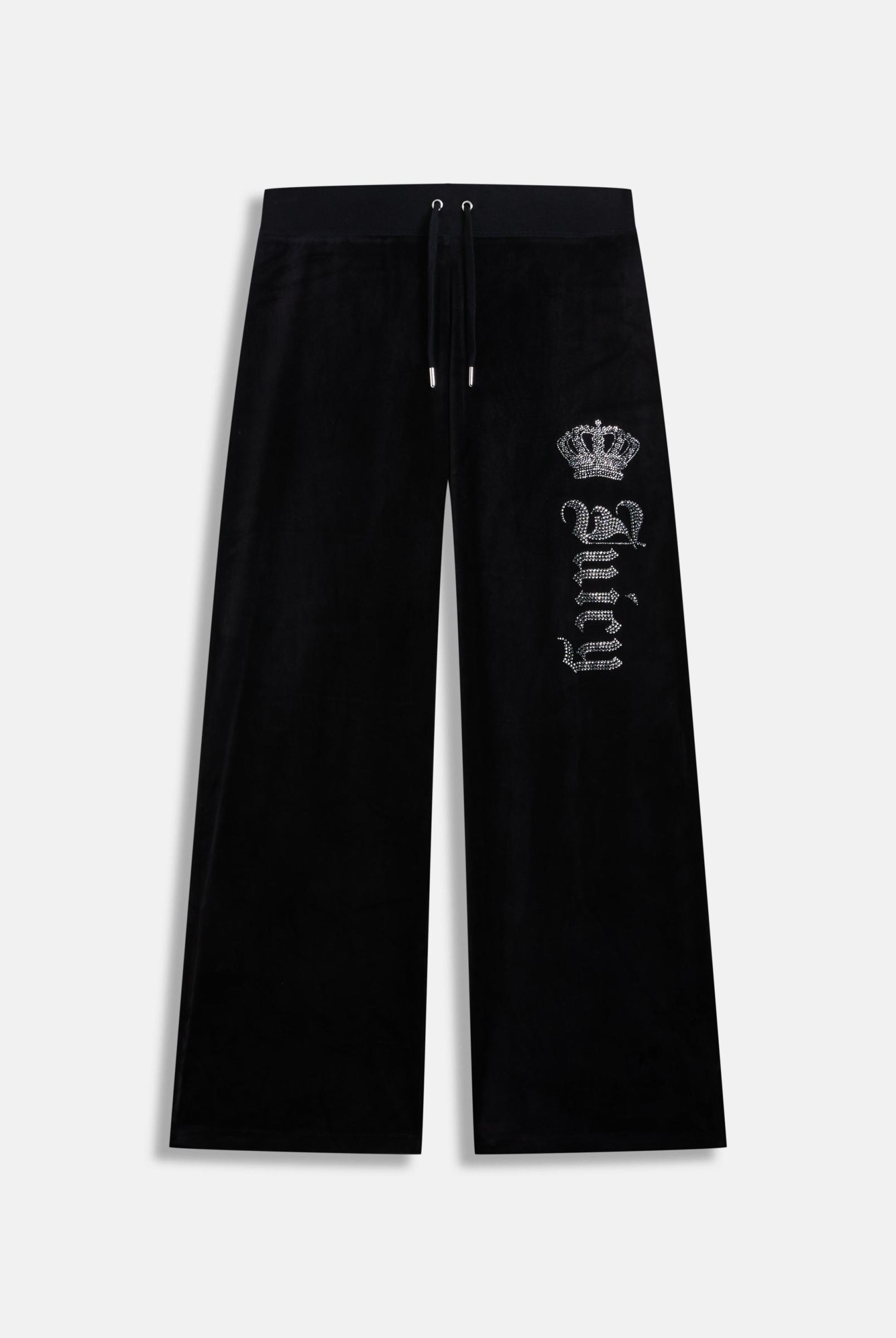Black Diamante Crown Og Straight Low Rise Velour Bottoms by Juicy Couture