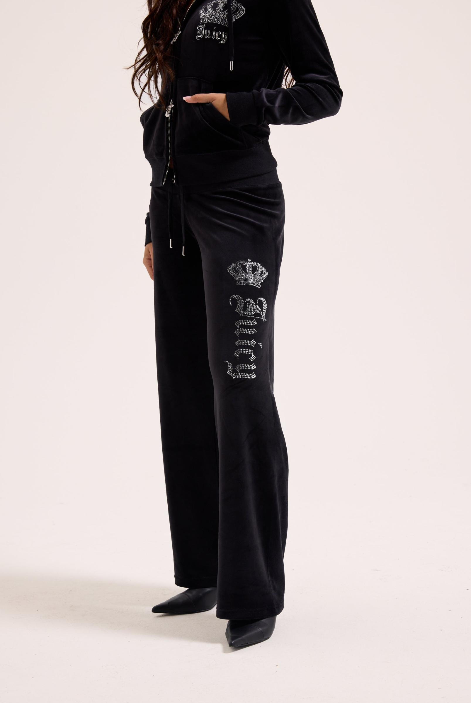Black Diamante Crown Og Straight Low Rise Velour Bottoms by Juicy Couture