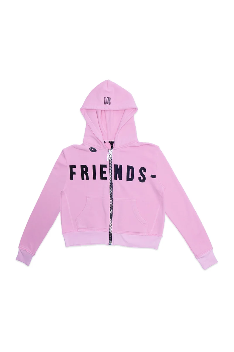 BLACK LIPSTICK FRIENDS- EMBROIDERED CROP TOP ZIP UP HOODIE (Pink) 4
