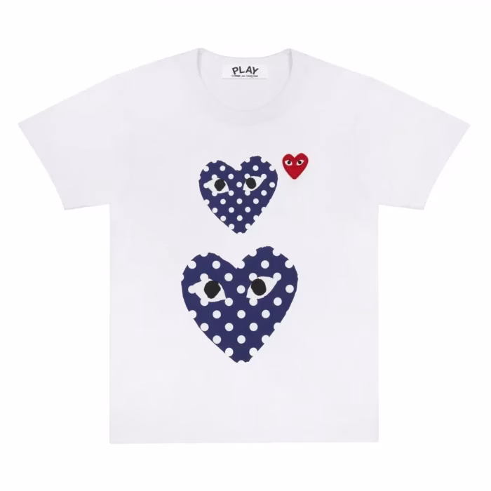CDG White Polka Dot Printed Small and Big Hearts Tee - Comme Des Garcons by Comme Des Garçons Play